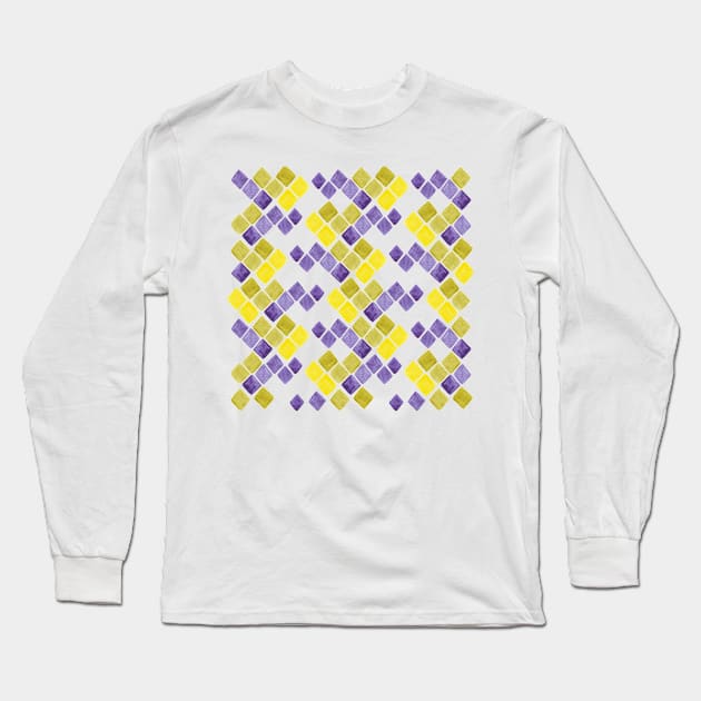 Faux gold watercolor roses and purple mosaic pattern Long Sleeve T-Shirt by ankka